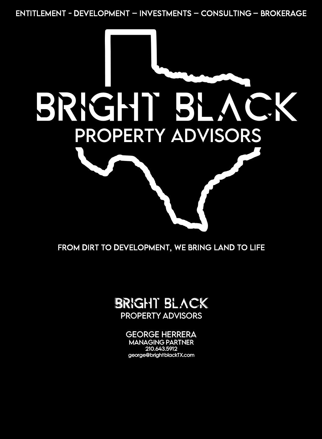 The Bright Black Texas Logo and slogan as well as company information